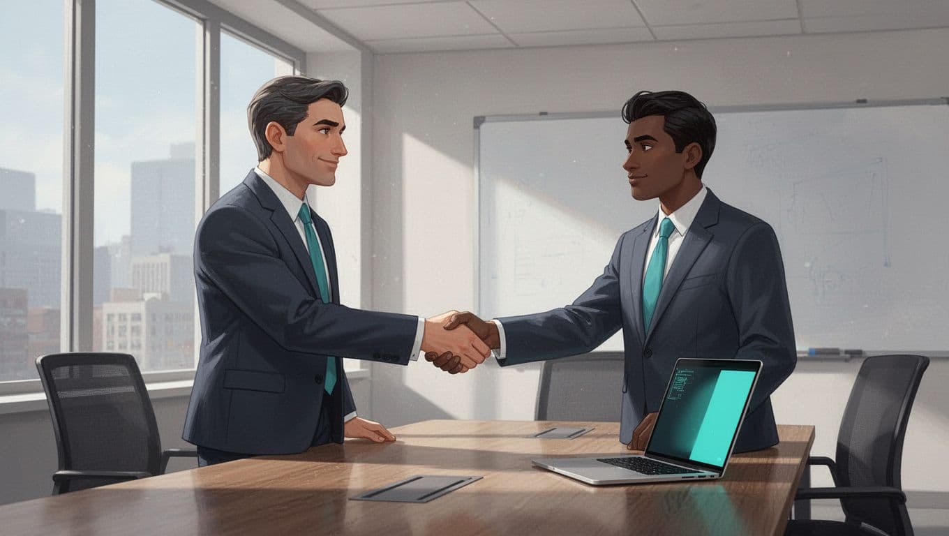 Modern illustration of a business leader shaking hands with a cybersecurity expert in a conference room, using clean shapes, controlled colors with green accents on ties and screens, side-angle composition, and natural lighting.