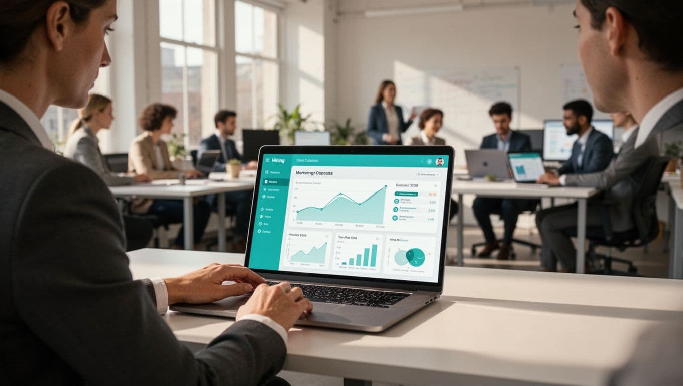 Modern illustration featuring a business leader relaxed at a desk with laptop, reviewing a dashboard of hiring metrics like fast time-to-hire and quality hires, accented by green success icons, with distant office team collaboration in the background.