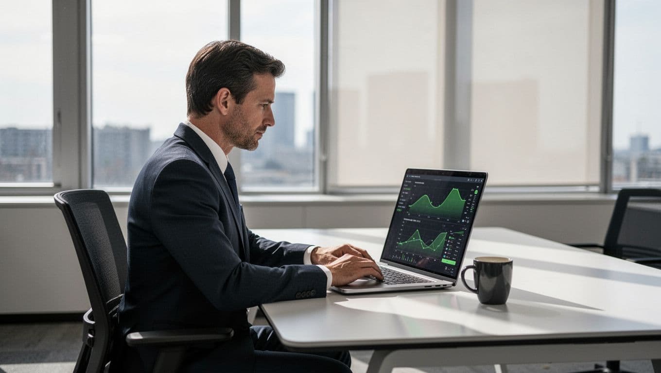Modern illustration of a business leader in a contemporary office reviewing a report on human risk reduction, with an open laptop displaying simple charts highlighted in green (#22C55E), coffee mug nearby, relaxed pose, clean lines, and controlled colors.