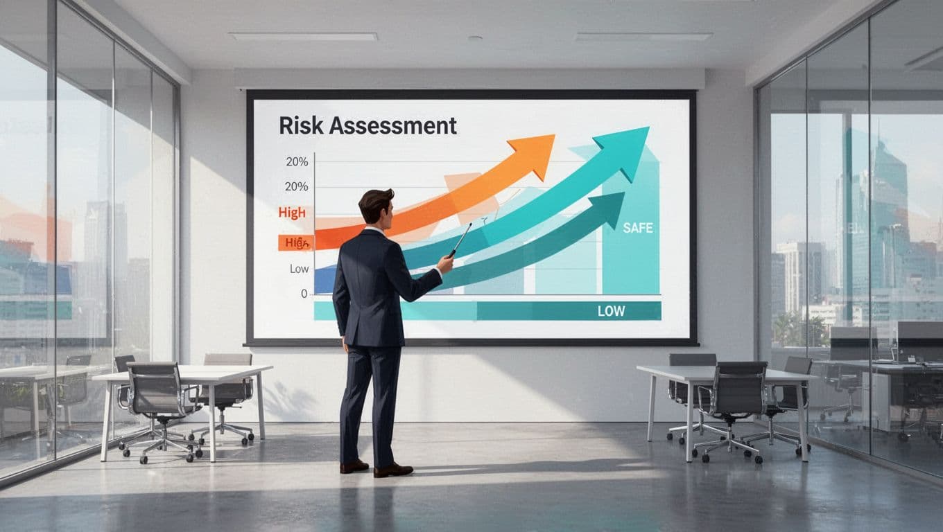 Modern illustration of a business leader in a contemporary office analyzing a colorful risk assessment chart on a large screen, with arrows showing risks decreasing from high to low, using #22C55E accents on safe zones.