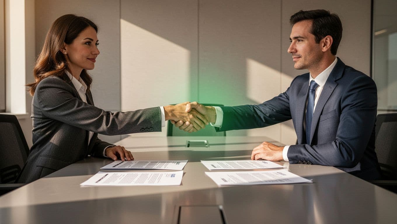 Modern illustration of a business owner shaking hands with a security consultant across a table with contract documents in a professional setting, highlighting agreement on paid security trial terms.
