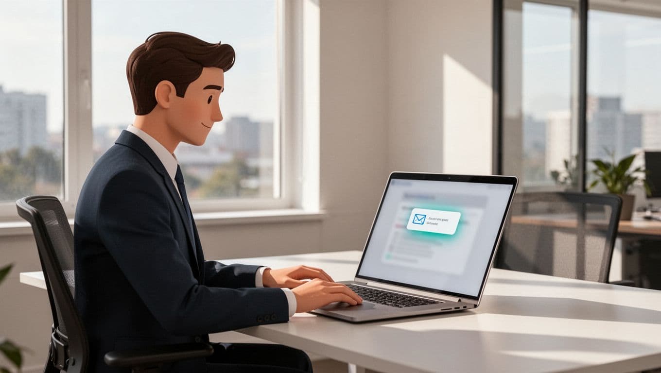 A business professional in a modern office examines a suspicious email on a laptop, with the screen blurred and angled away to imply a phishing lure, featuring clean illustration style, natural daylight, and a green accent on the notification.