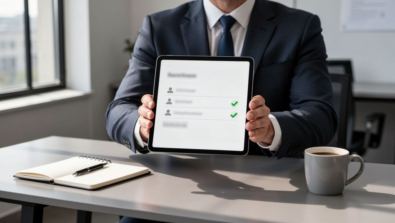 Modern illustration in clean shapes style showing a business professional holding a tablet with an implied SaaS intake form featuring blurred icons and green checkmarks, placed on a simple office desk with notebook and coffee mug.