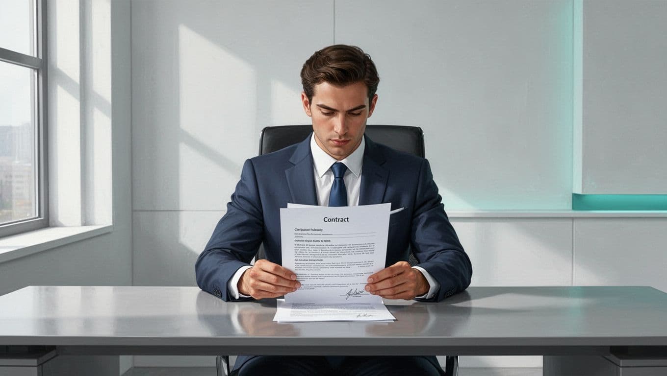 Modern illustration of a business professional carefully reviewing a cybersecurity contract document at a desk in an office setting, with focused composition, clean shapes, and soft natural lighting.