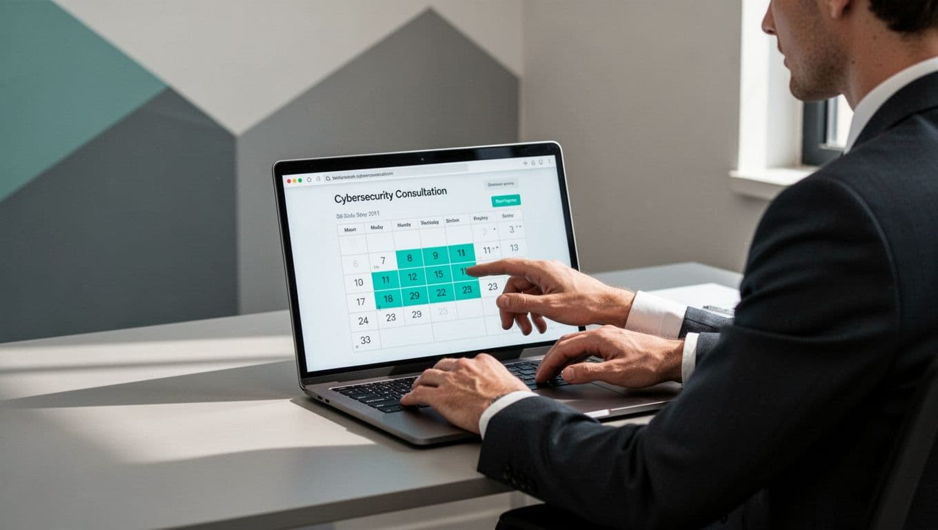 Modern illustration of a business professional at a desk scheduling a cybersecurity consultation on a laptop calendar, with a simple office background, prominent laptop, soft lighting, and green accent on calendar and call button.