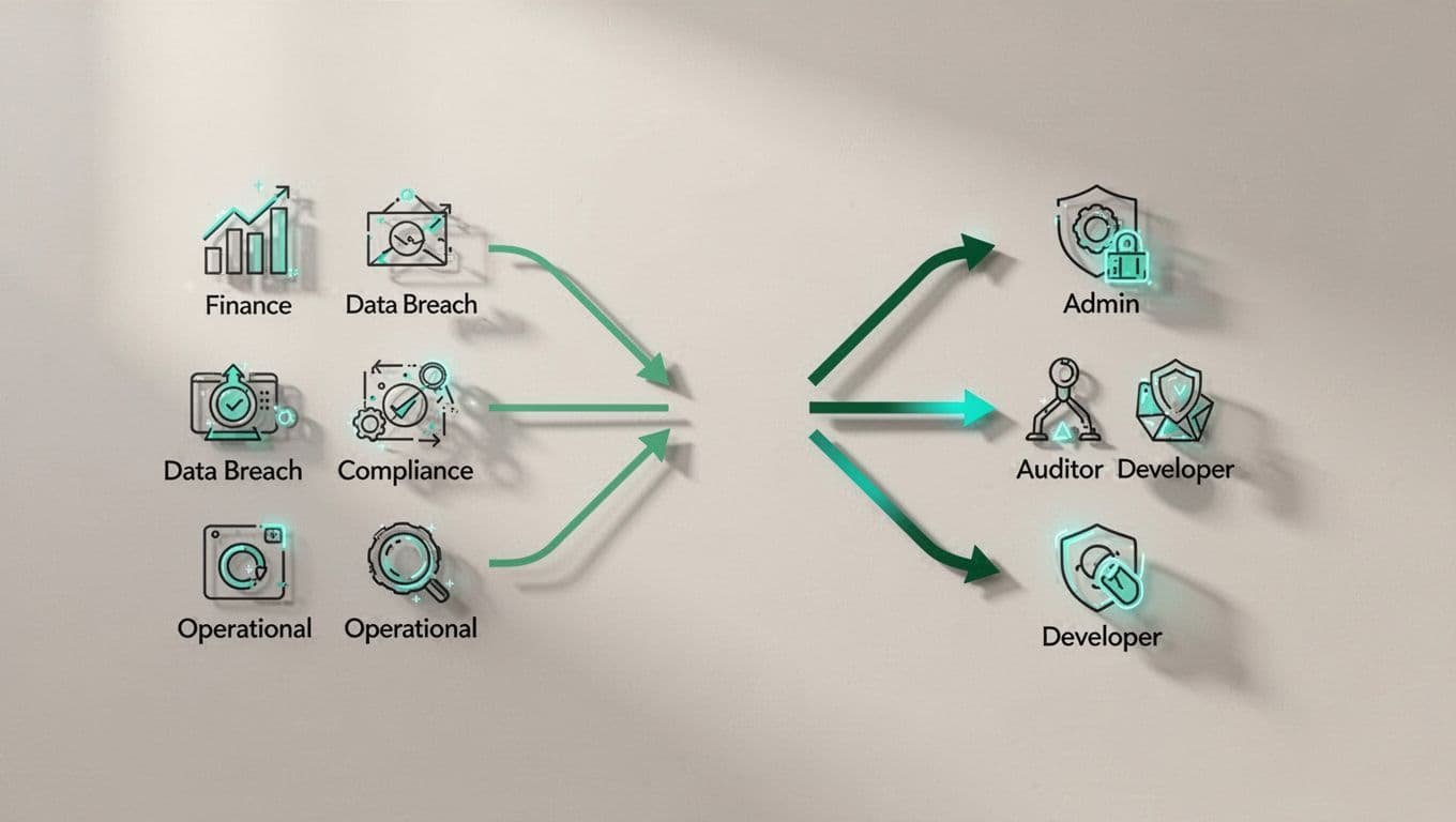 Modern illustration of a flowchart connecting business risks like finance, data breach, compliance, and operational on the left to security roles such as admin, auditor, and developer via green arrows. Features clean shapes, simple icons, soft lighting, and #22C55E accents with no text or people.