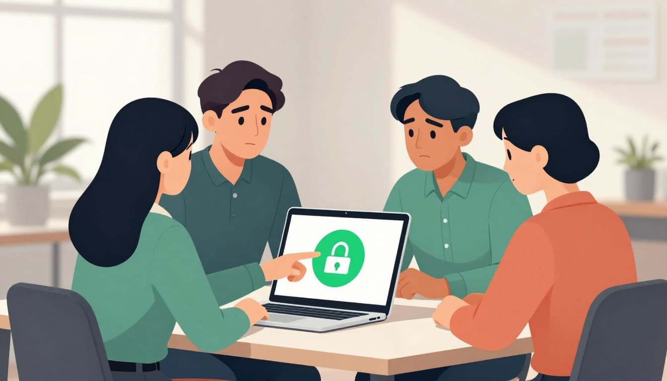 Modern illustration of a small three-person business team in a simple office setting, one pointing at a laptop screen displaying a security alert icon while others look concerned and attentive.