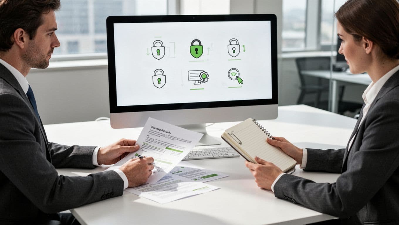 Modern illustration of two professionals at a desk reviewing documents, checklists, and a computer screen with security icons, one holding a notepad in a bright office with clean shapes and green accents.