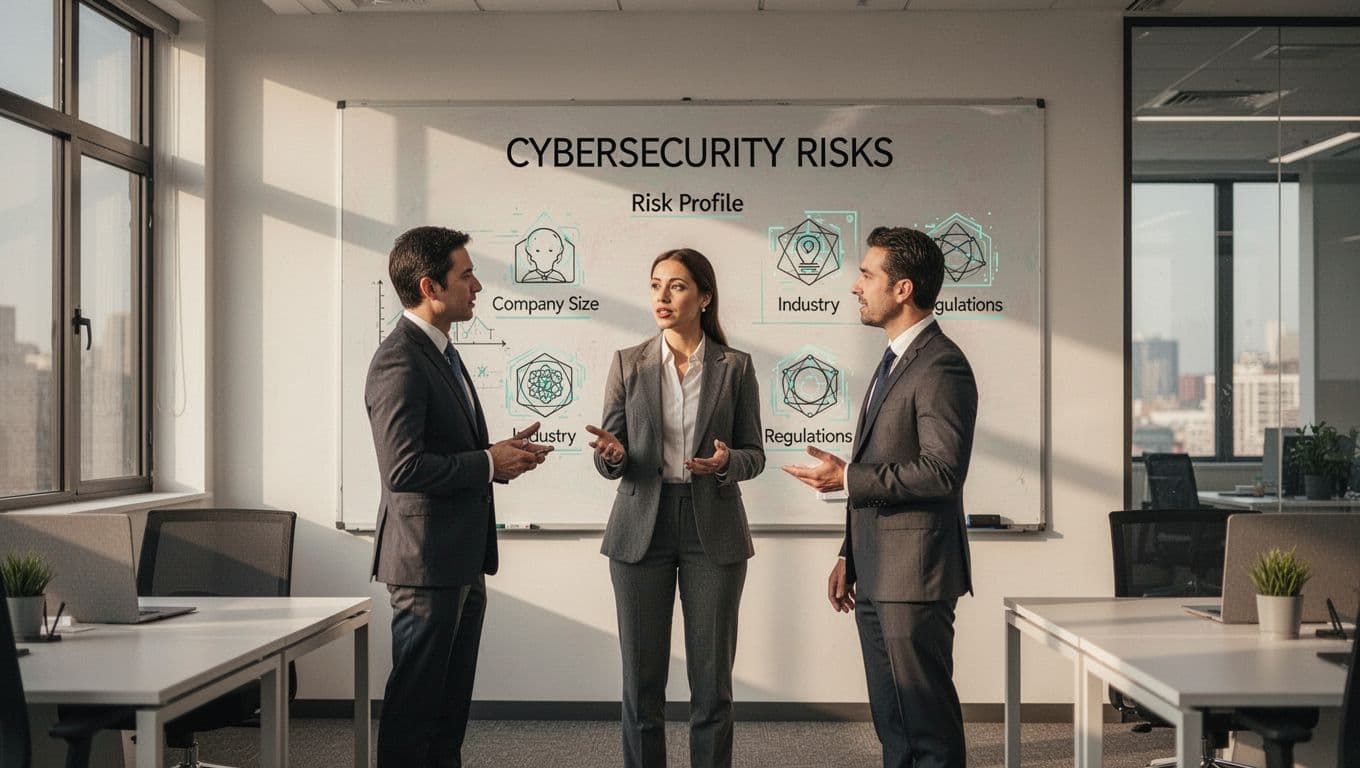 Modern illustration of a three-person business team in a contemporary office discussing cybersecurity risks on a whiteboard, with icons representing company size, risk profile, industry, and regulations; clean design with green accents.
