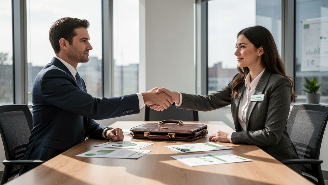 Modern illustration of a two-person business team shaking hands with a staffing agency representative over a cybersecurity project timeline in an office setting, featuring relaxed hands, clean shapes, green accents, soft lighting, and natural composition.