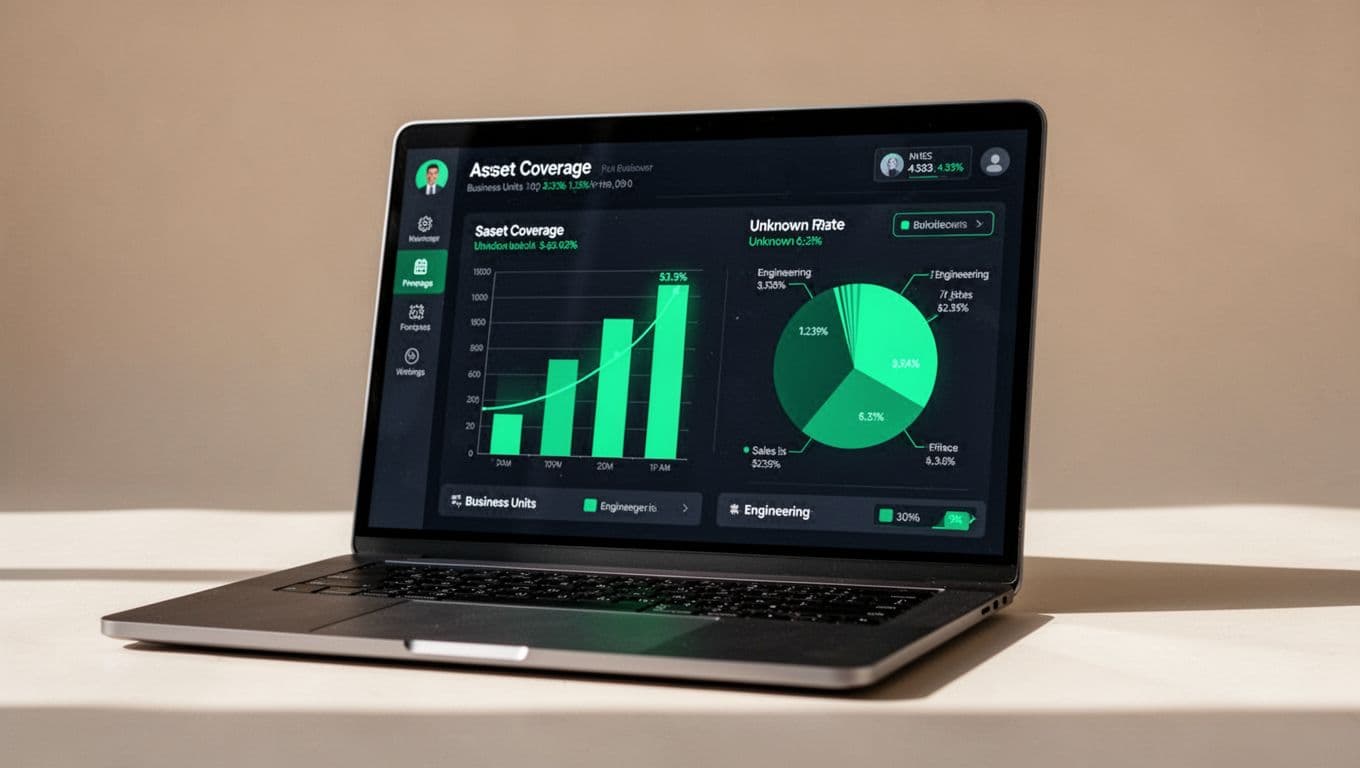 Laptop screen shows dashboard with green bar and pie charts plus business unit icons.