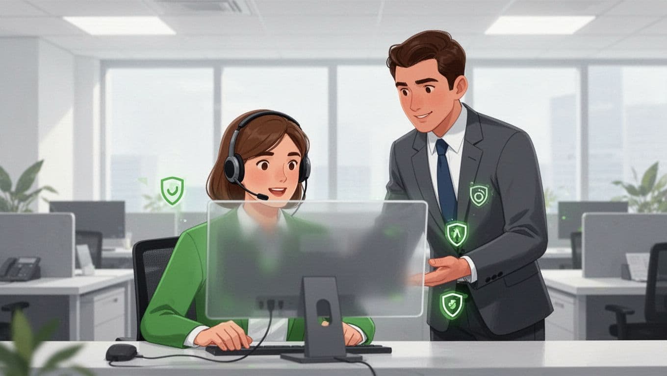 Customer support agent wearing headset views blurred chat screen with security icons as manager coaches from side.