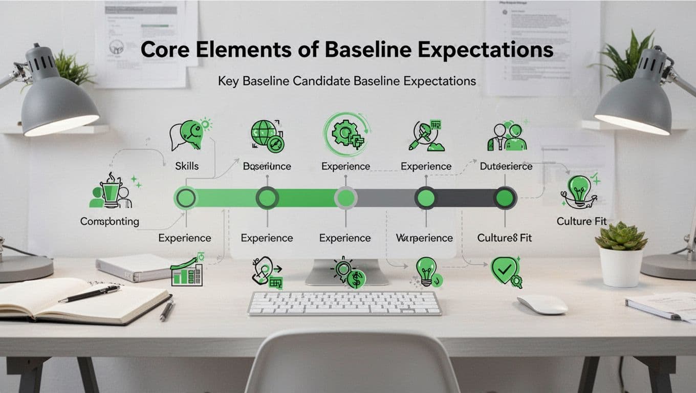 Modern illustration of key baseline candidate expectations elements including skills icons, experience timeline, and culture fit symbols arranged on a clean workspace desk with clean shapes and #22C55E accent colors.