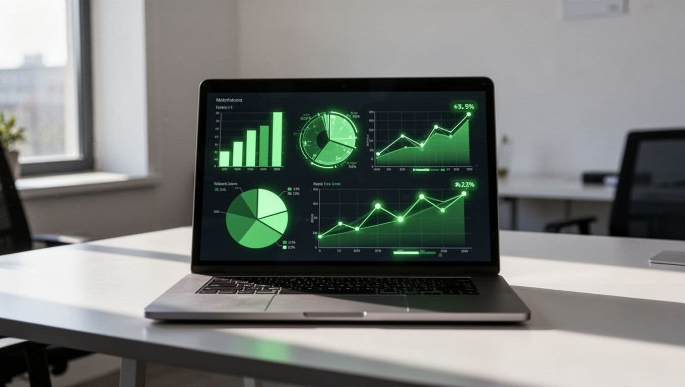 Modern illustration in dashboard style showing charts for candidate metrics including NPS score bar, completion rate pie, and response time line graph on a laptop in a clean professional office setting.