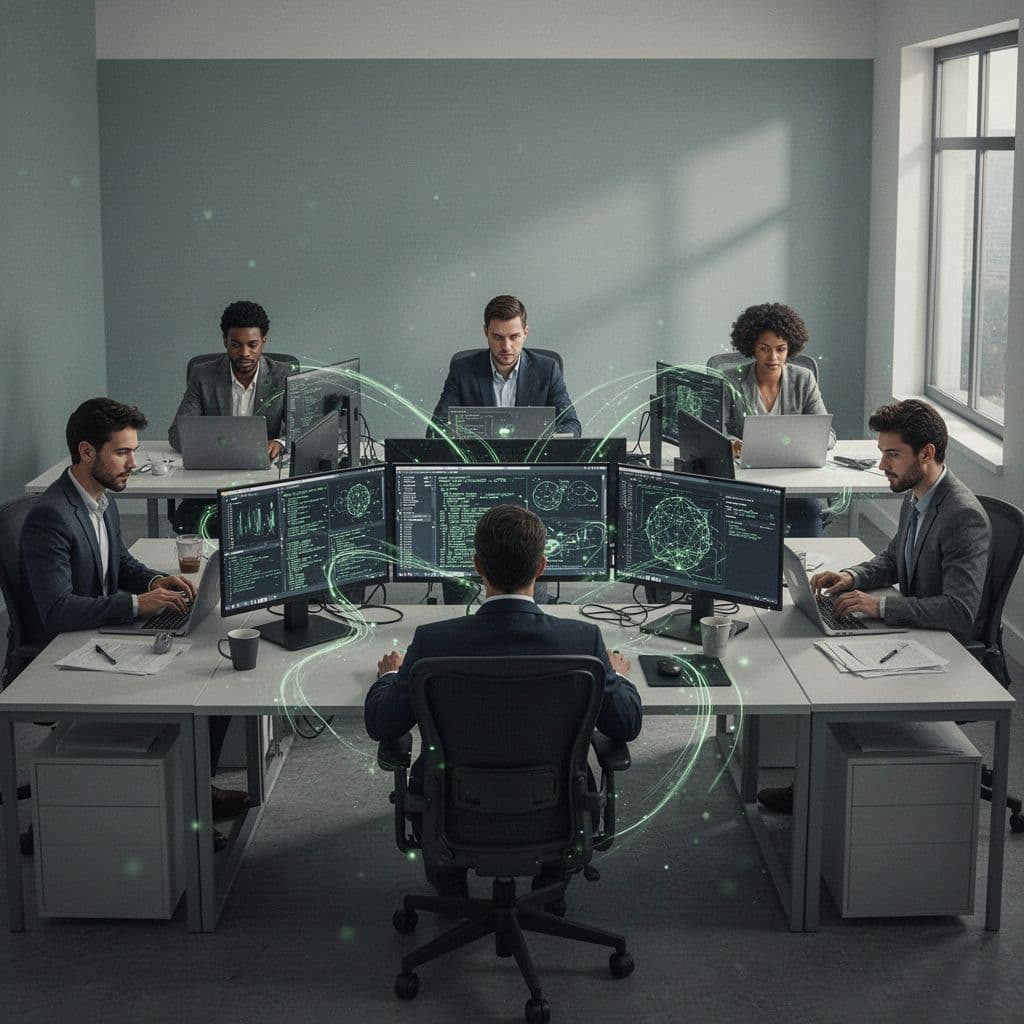Modern illustration of a centralized security analyst at a hub desk with multiple dashboard screens, connected to three development teams at workstations in a SaaS office, emphasizing oversight with clean shapes and green accents.
