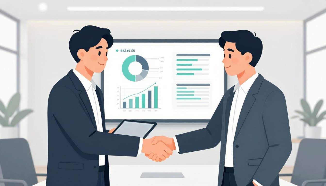 Modern illustration featuring a CEO and recruiter in a sleek boardroom, reviewing candidate profiles on a tablet with a handshake gesture and success charts in the background, emphasizing confident partnership in executive placement.