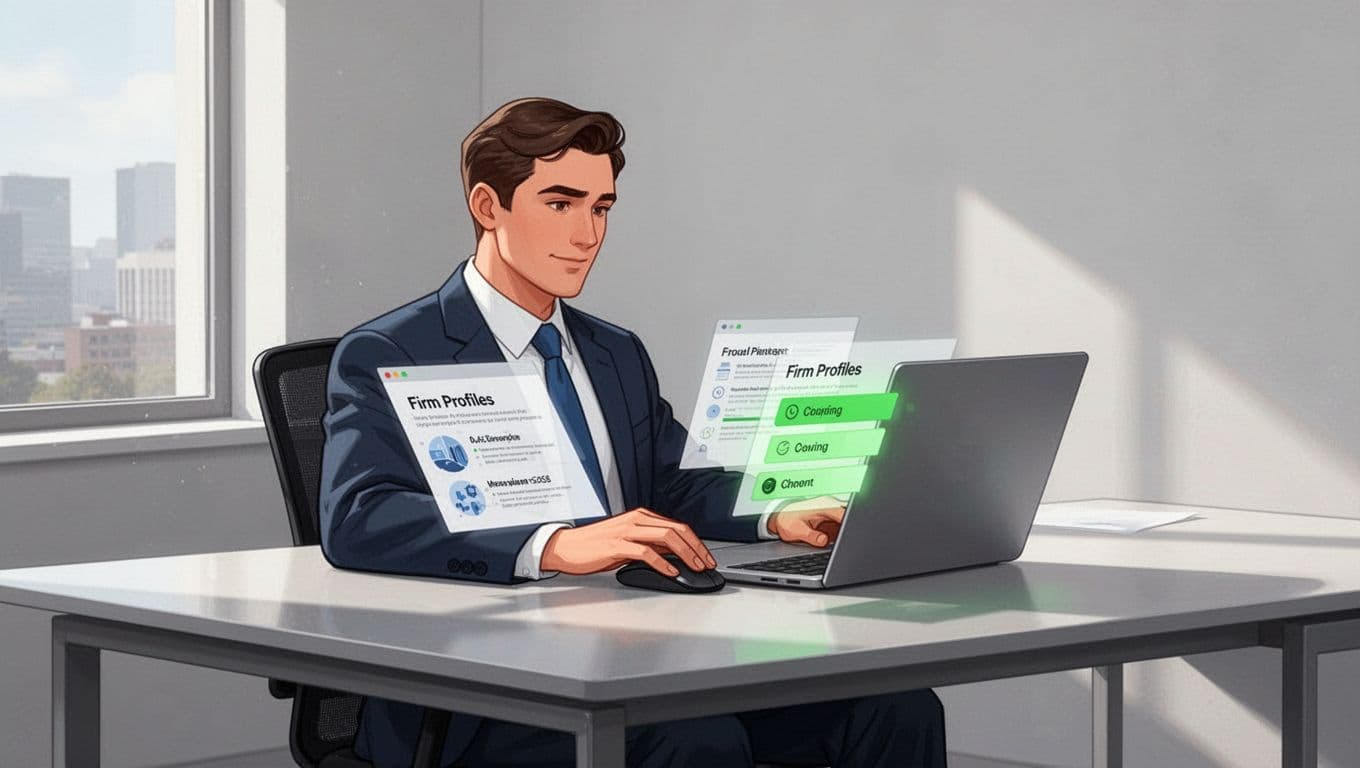 Modern illustration of a CEO at a desk reviewing firm profiles on a laptop with a green checklist overlay for selections, in a relaxed pose with one hand on the mouse.