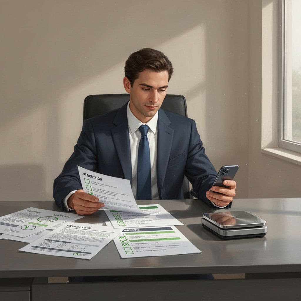 Modern illustration of a relaxed business leader at a desk reviewing budget sheets, compliance checklists, phone, and scale icons representing key decision factors for SMBs selecting a cybersecurity consulting firm. Clean shapes with green accents on positive elements, square format, no text.