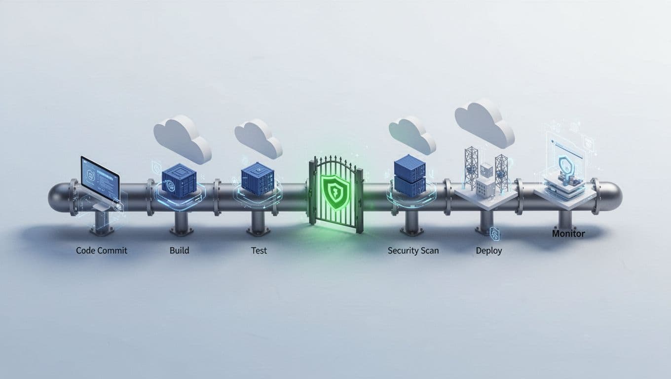 Horizontal flow diagram of CI/CD pipeline from code commit to monitor, with green-highlighted security gates and icons for containers, cloud, and IaC.