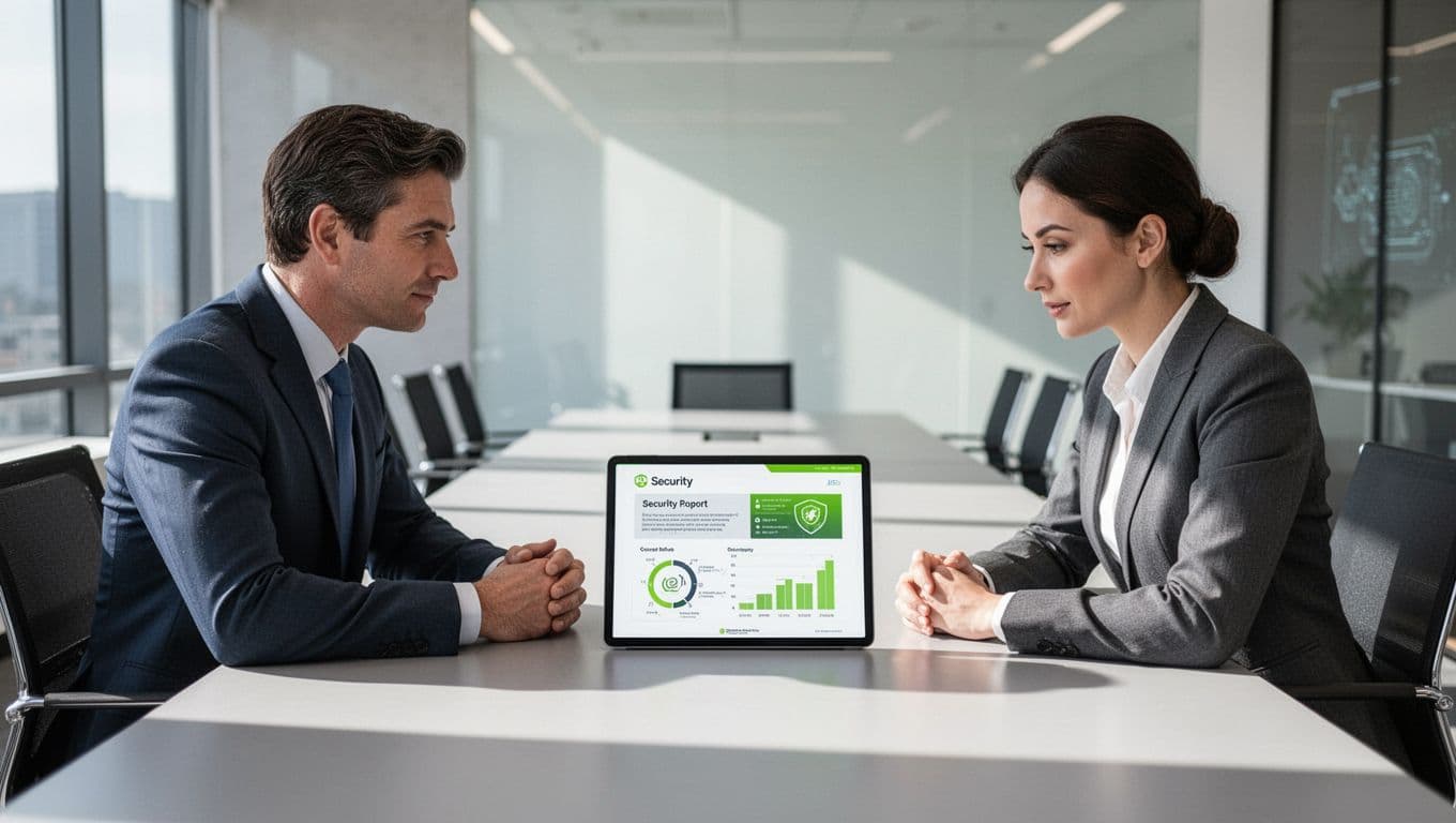 Modern illustration of a professional CISO and consultant in a conference room collaborating over a digital security report on a tablet, with relaxed hands on the table and natural office lighting.