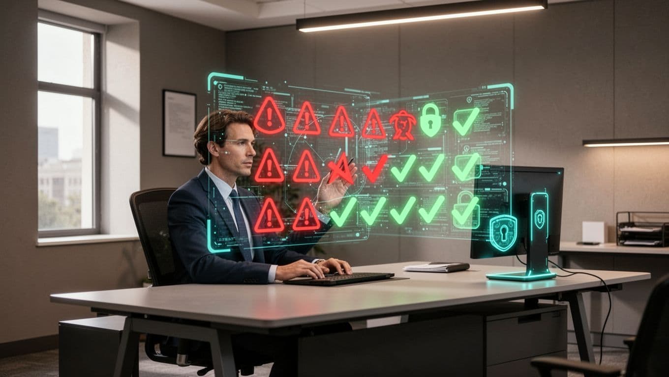 CISO at desk with red warning icons fading to green checks for pitfalls like policy gaps.