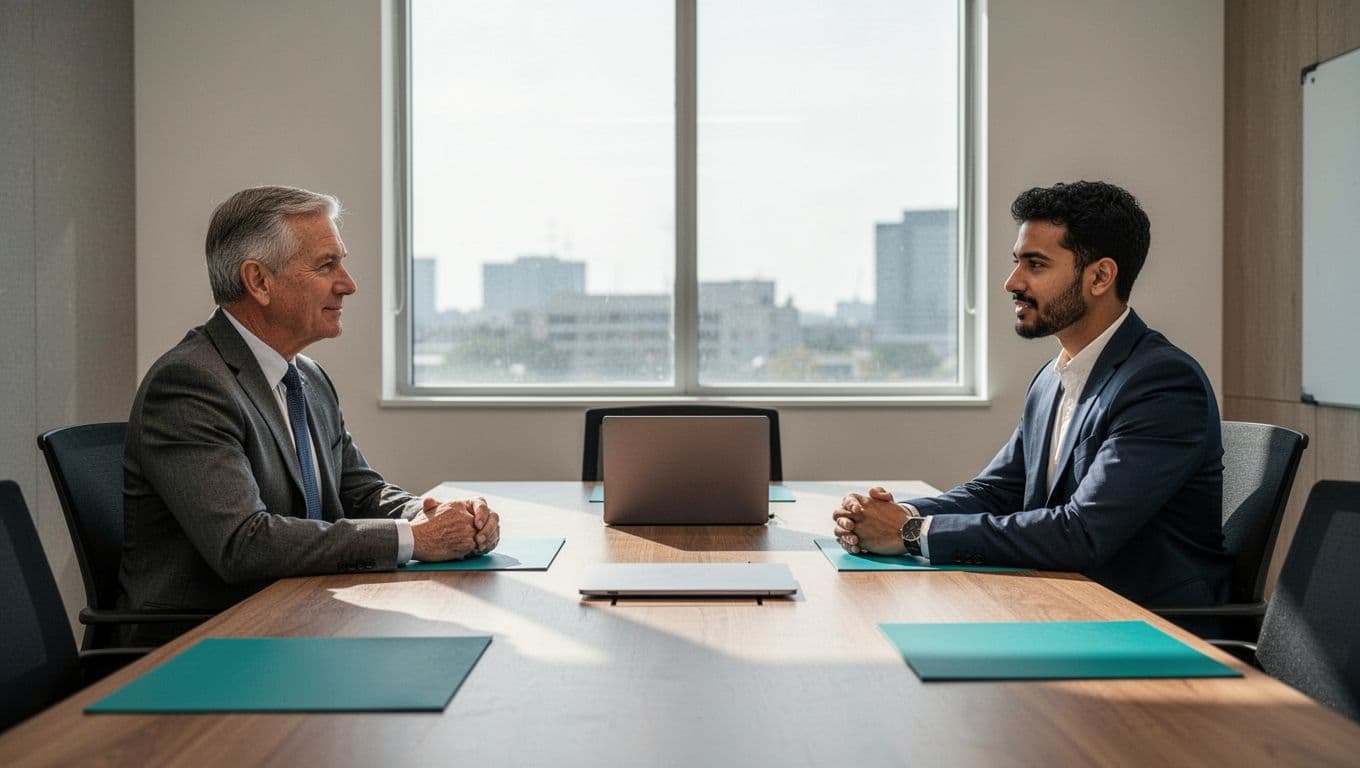 Modern illustration of a CISO executive and cloud security architect candidate discussing relaxedly at a boardroom conference table with natural window light and subtle green accents.