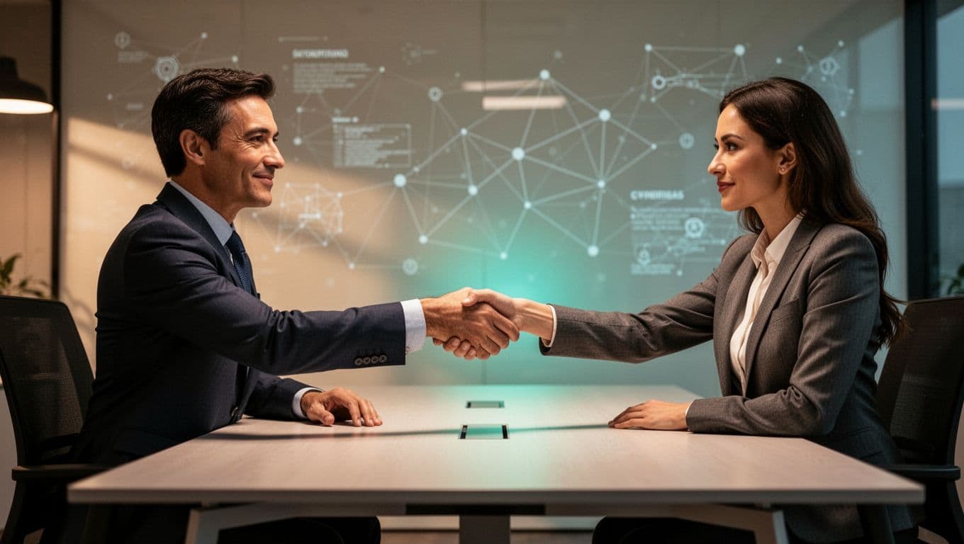 Modern illustration of a cybersecurity professional like a CISO confidently shaking hands with a recruiter across a desk, featuring subtle cyber elements like network diagrams in the background. Clean shapes with a green accent glow on the handshake, warm office lighting, and strong composition.