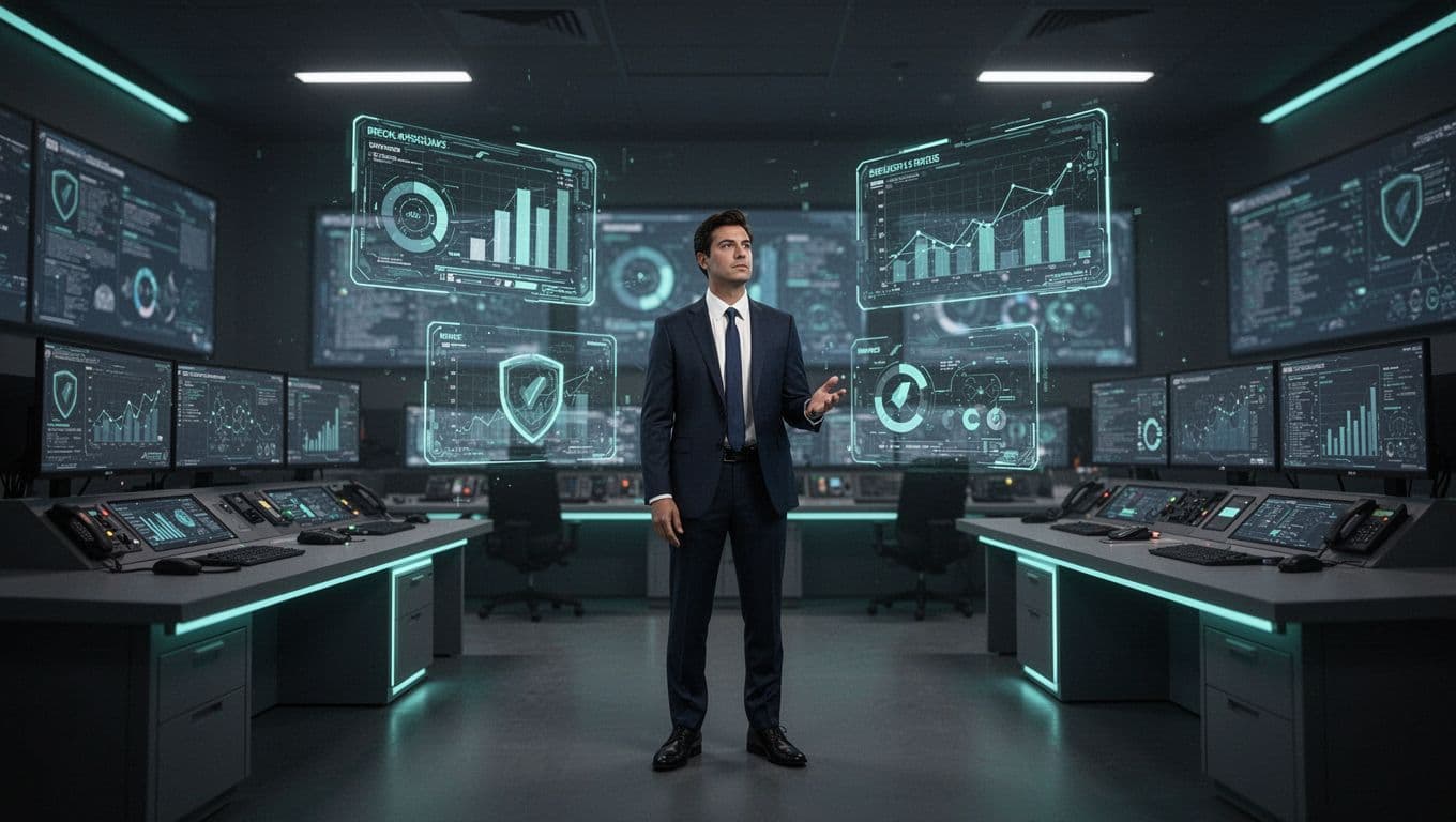 Modern illustration of a single CISO leader standing confidently in a high-tech security operations center, reviewing holographic security metrics with green accents, clean shapes, dim lighting, and blurred screens.