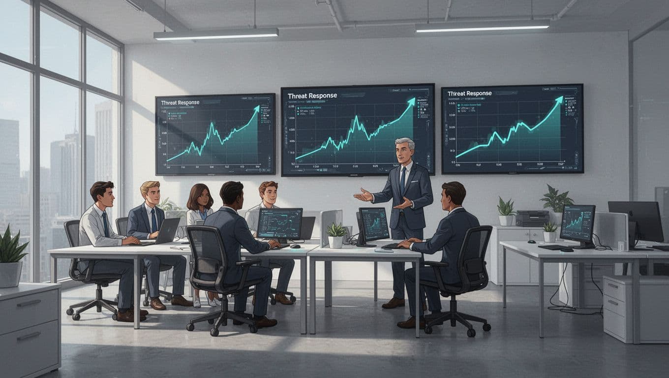 Illustration of busy cybersecurity professionals in a modern open office collaborating on threat response, led by a prominent CISO, with digital screens showing rising talent demand graphs.
