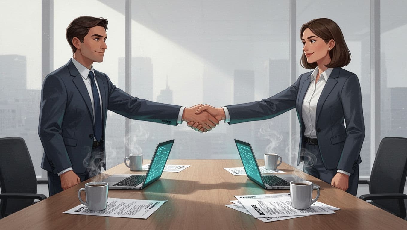 Modern illustration of a CISO and recruiter shaking hands over a conference table with laptops, resumes, and coffee mugs, symbolizing a successful cybersecurity recruitment partnership.