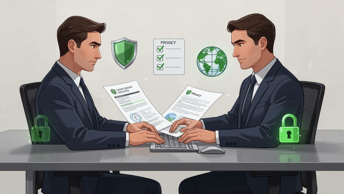 Modern illustration of a single CISO at a desk reviewing a consultant report with checklists for privacy compliance and cybersecurity audit icons including shield, checklist, and globe, in clean shapes with green accents on a neutral background.
