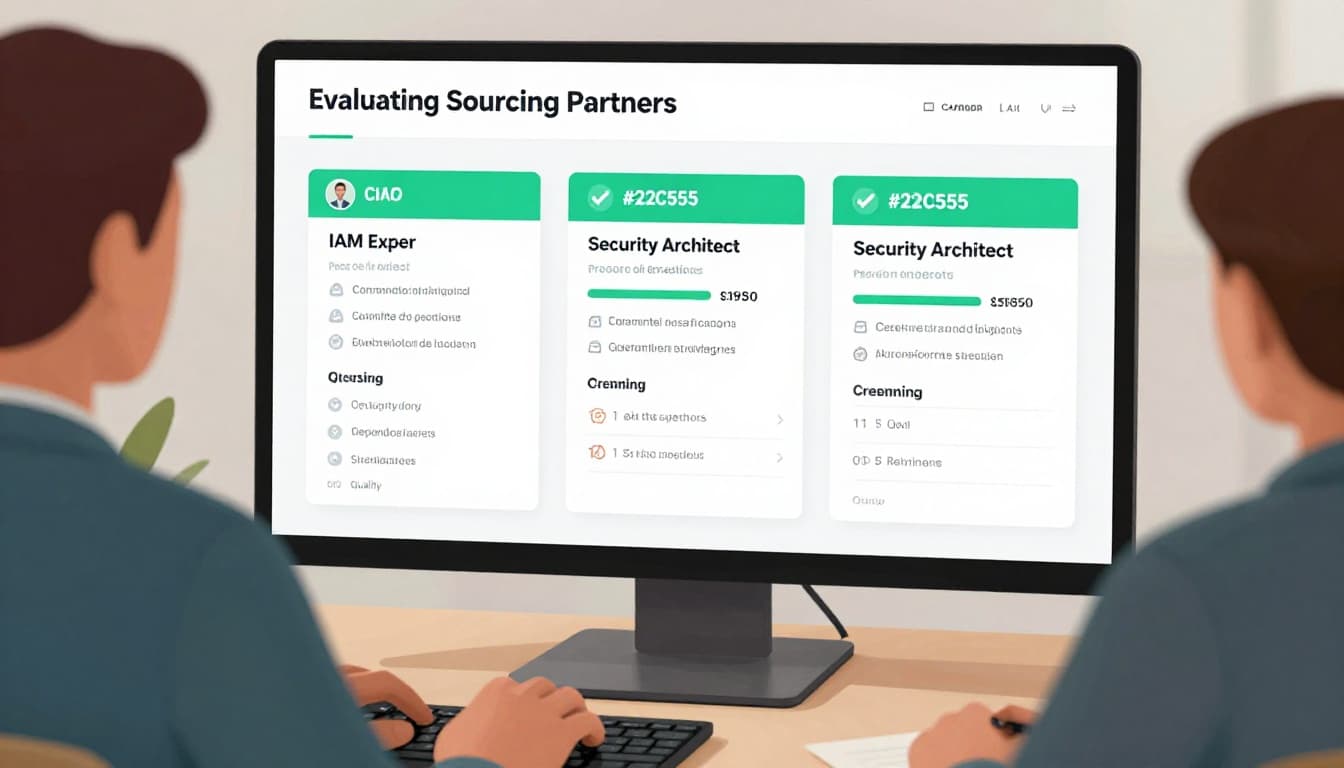 Modern illustration of a CISO reviewing vetted cybersecurity candidates on a secure dashboard, featuring profiles of IAM expert, security architect, and GRC specialist with skills badges and quality metrics.