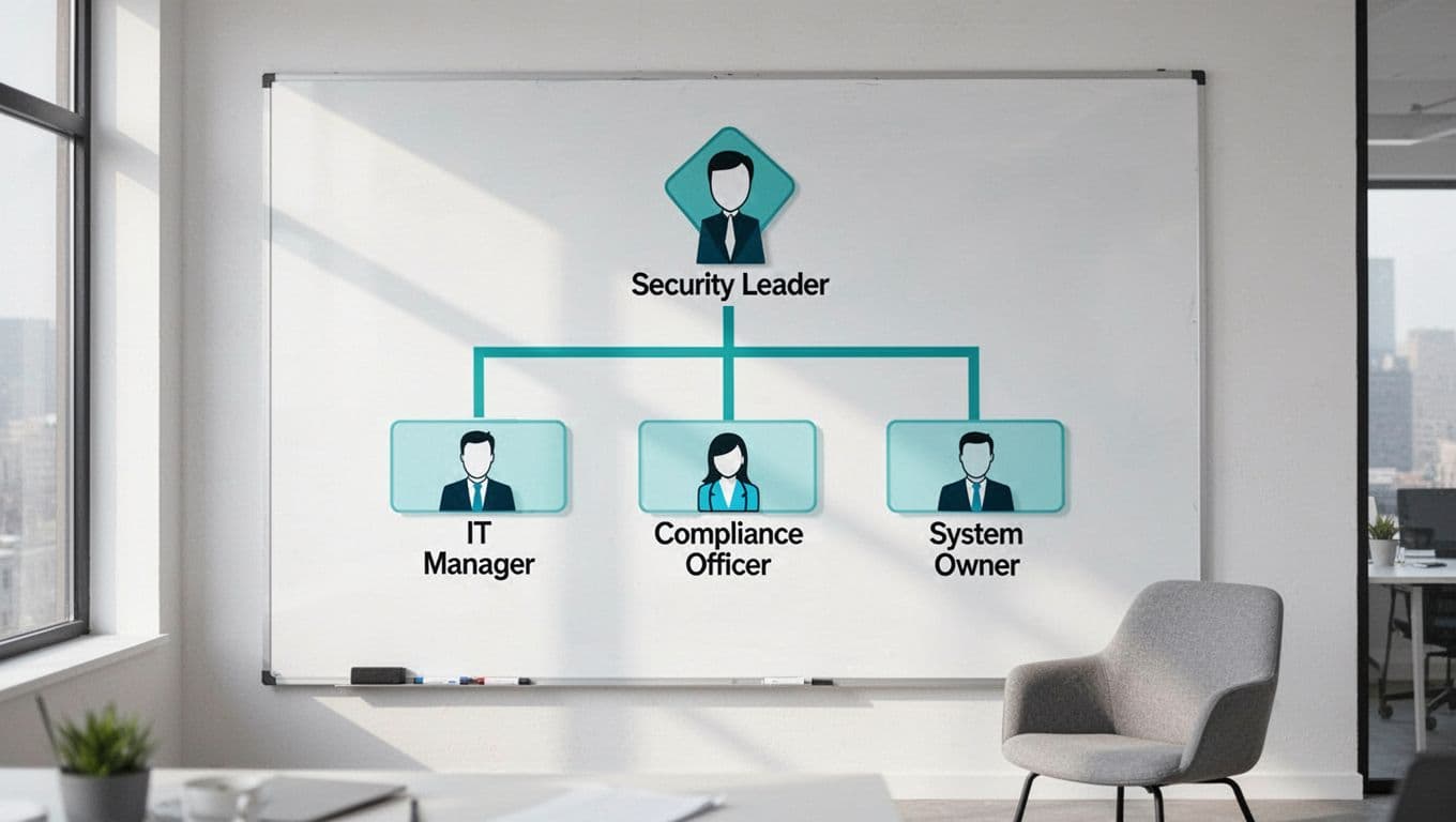 Modern illustration of a simple organizational chart on a whiteboard in a bright empty office, showing CISO at top connected to IT manager, compliance officer, and system owner with green lines indicating security control ownership.
