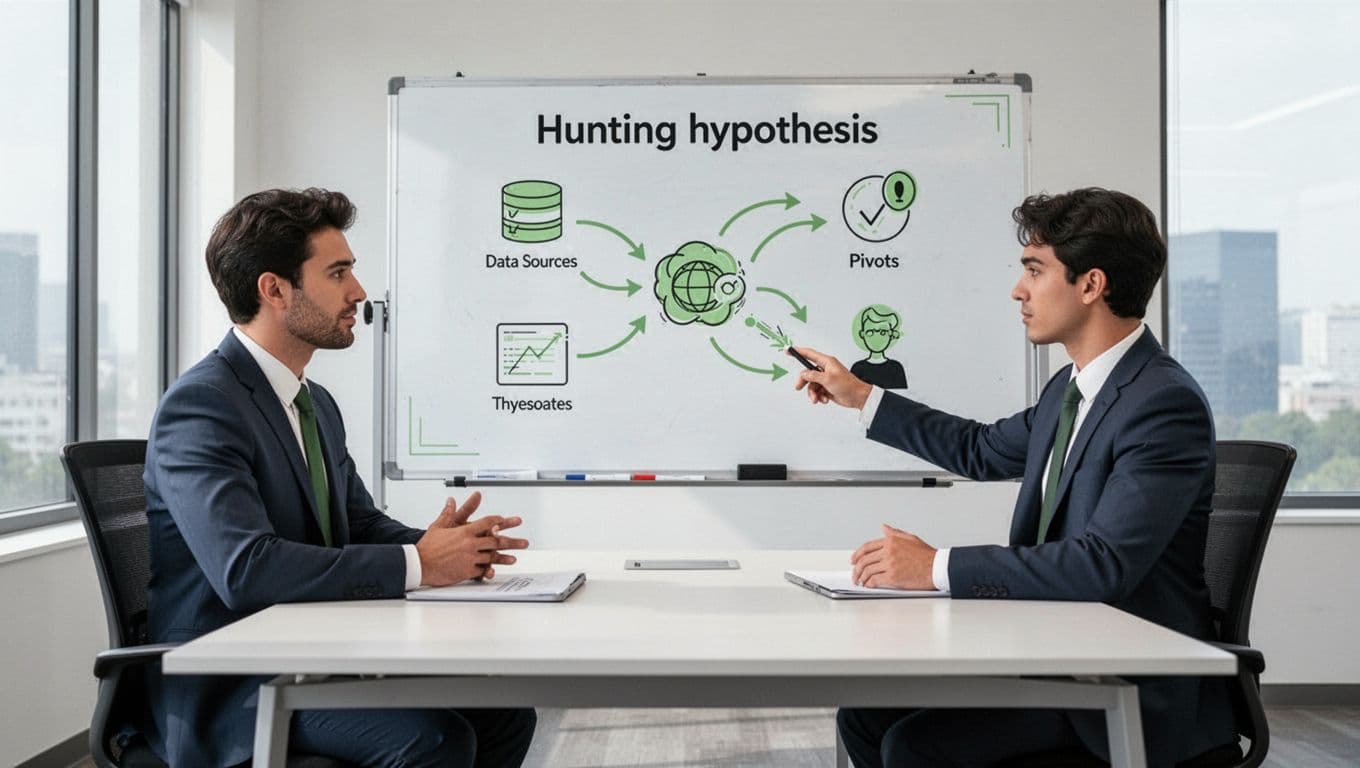 CISO and threat hunter candidate across desk; candidate explains hypothesis diagram with icons on whiteboard.