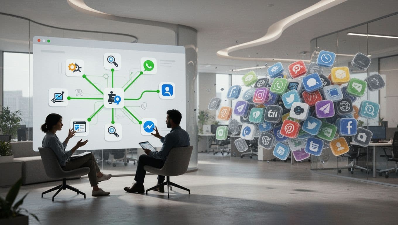 Modern illustration of approved SaaS tools like CRM, analytics, and email connected by secure green links, with a team reviewing a dashboard, contrasted by fading chaotic ghost apps.