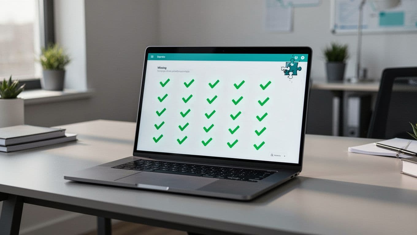 Modern illustration of a laptop on a desk showing a computer dashboard with green checkmarks for fixed vulnerabilities, featuring a subtle missing puzzle piece in the corner representing an undetected logic flaw.