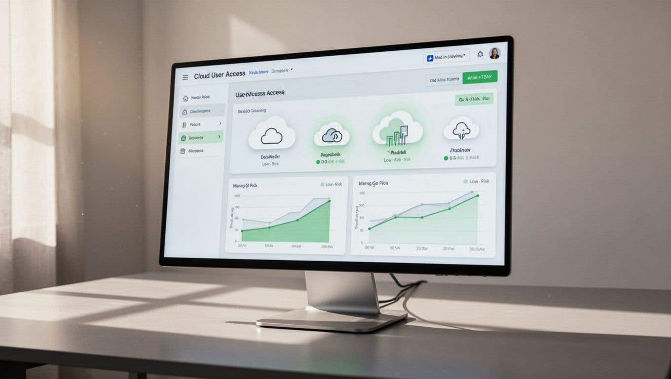 Illustrated dashboard interface reviewing cloud user access permissions with charts and graphs for AWS, Azure, and GCP icons, featuring green highlights for low-risk status on a modern desk-like surface.