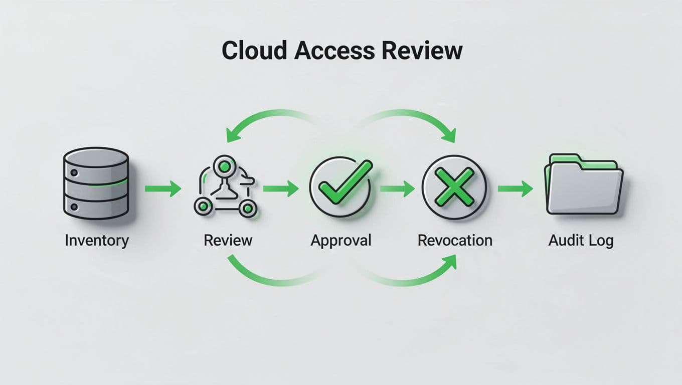Modern flowchart visualizing sequential cloud access review process steps: inventory access, manager review, approve or revoke, and audit log. Uses simple icons like database, people silhouettes, checkmark, X, and folder on a light background with green accents.