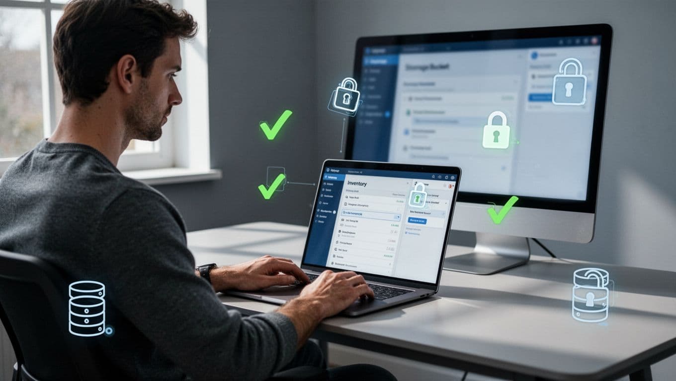 Modern illustration of a cloud administrator at a desk with laptop, step-by-step auditing storage bucket permissions including inventory, review, and locks, with icons for AWS S3, Azure Blob, and GCS in clean blues, grays, and green accents.