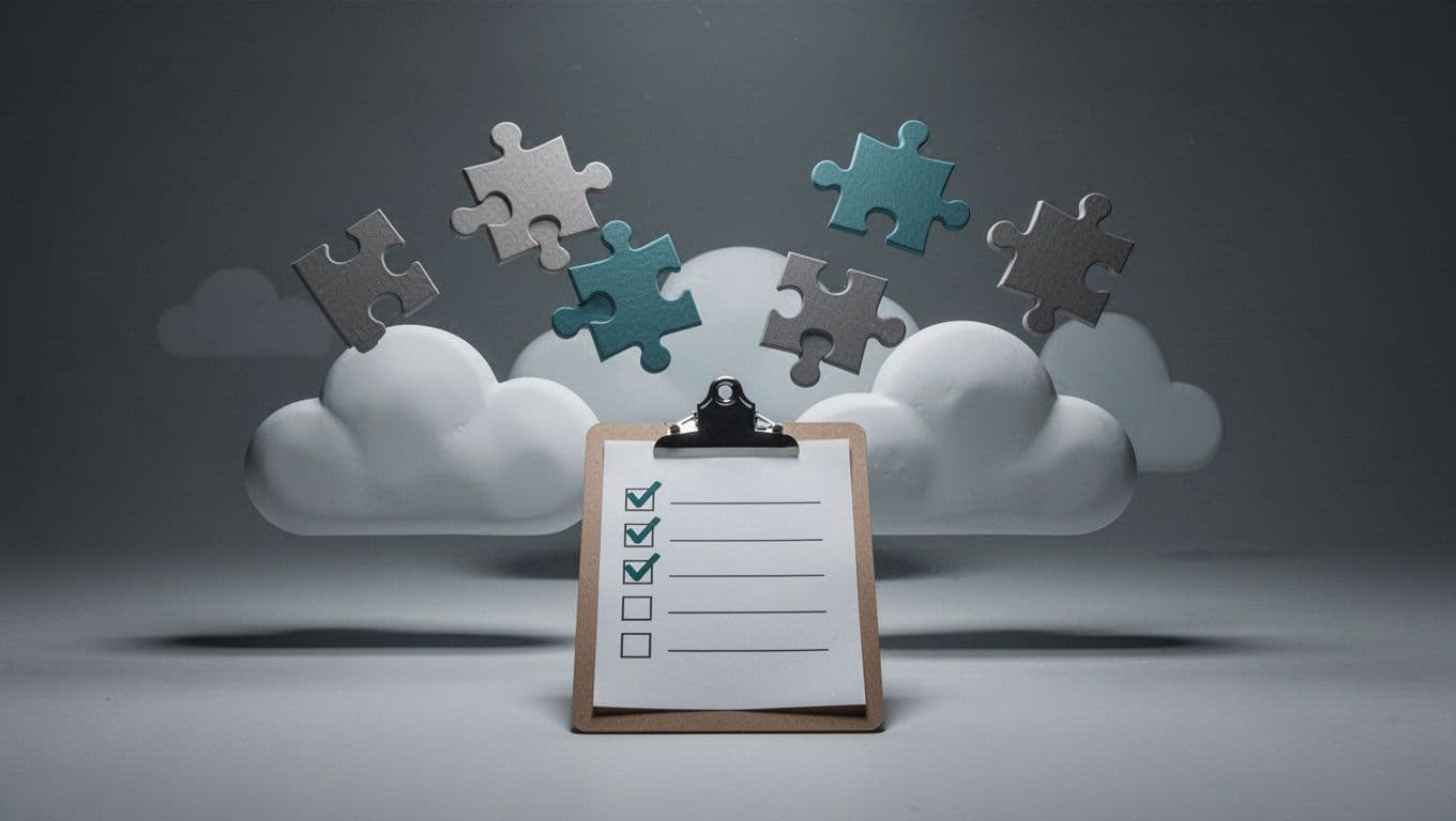 Mismatched puzzle pieces over cloud icons show skills gaps as hiring warnings, checklist clipboard in foreground.