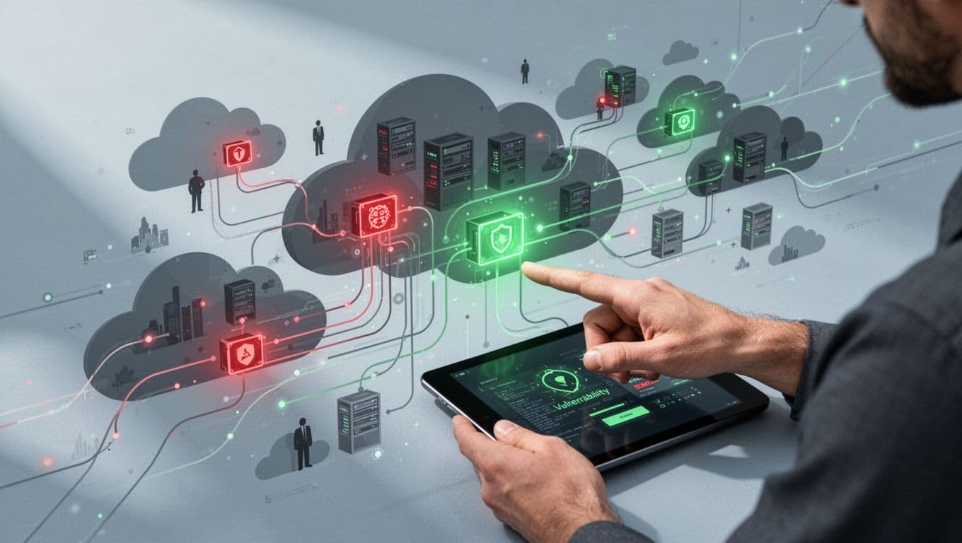 Modern illustration of cloud security testing featuring abstract cloud architecture with highlighted misconfigurations, a tester pointing at a vulnerability on a tablet, server icons, and data flows in a muted palette with green secure elements and red vulnerabilities.