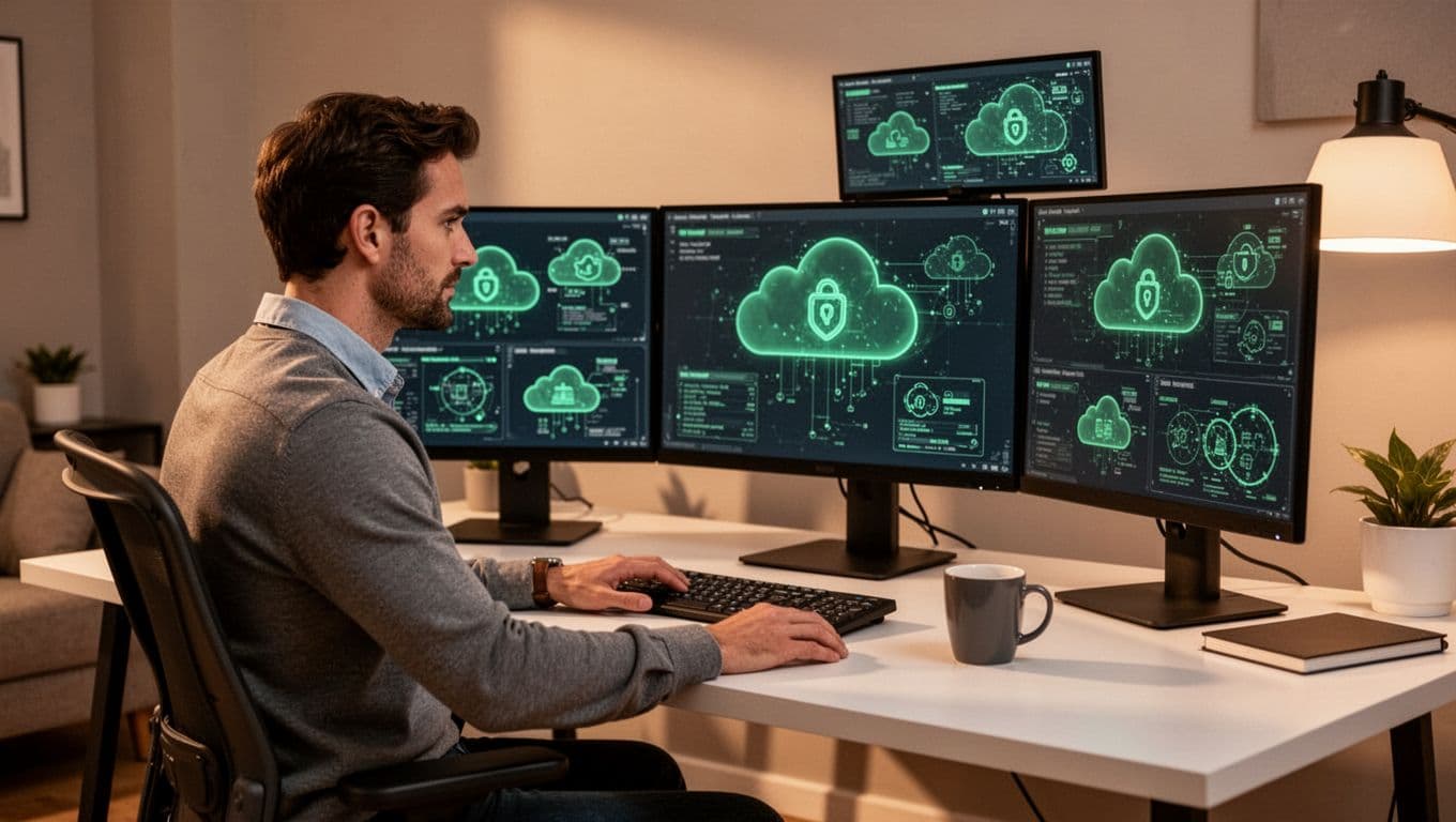 Modern illustration of a cloud security architect working at a desk with multiple monitors showing abstract cloud and security diagrams in a contemporary home office.