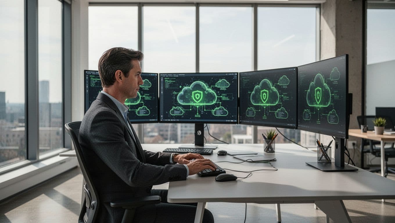 Professional cloud security architect at desk with three monitors showing interconnected AWS, Azure, and Google Cloud icons via security shields in modern office.