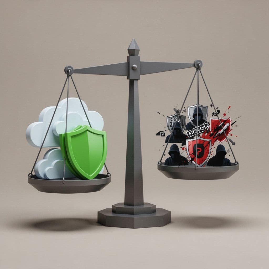 Modern illustration of balanced scales weighing cloud icons against threat icons like hackers and breaches, with the secure side heavier featuring green shields. Clean shapes, simple composition on a neutral background.