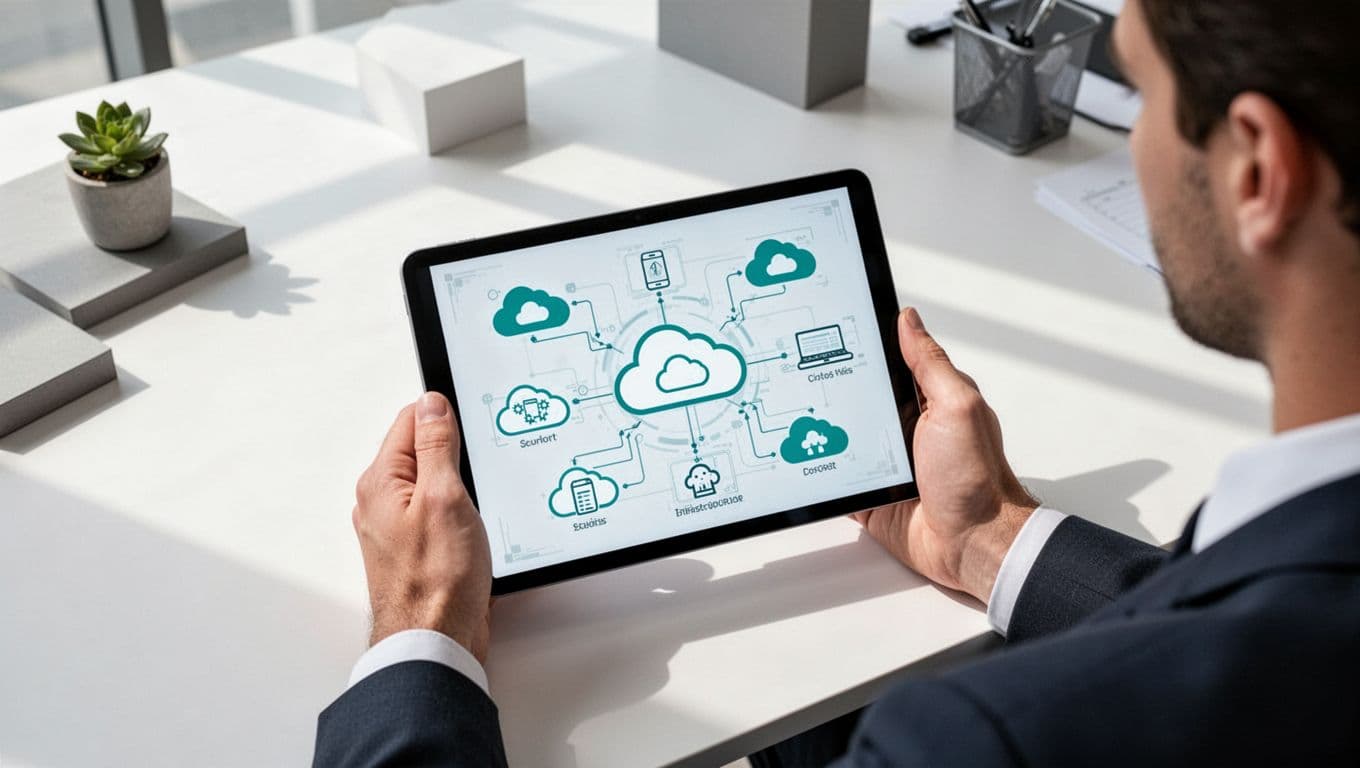 Modern illustration of a cloud security consultant architecting secure infrastructure on a tablet in a bright open workspace with clean shapes and green accents on cloud icons. Overhead angle view in a minimalistic modern office with soft natural lighting.