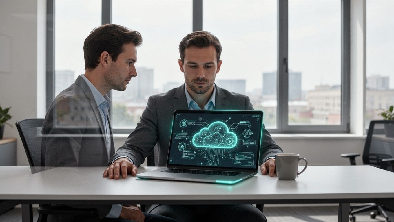 Modern illustration of a professional cloud security consultant seated at a desk with laptop open to abstract cloud security diagram, notes and coffee mug nearby, in a clean office with natural lighting.