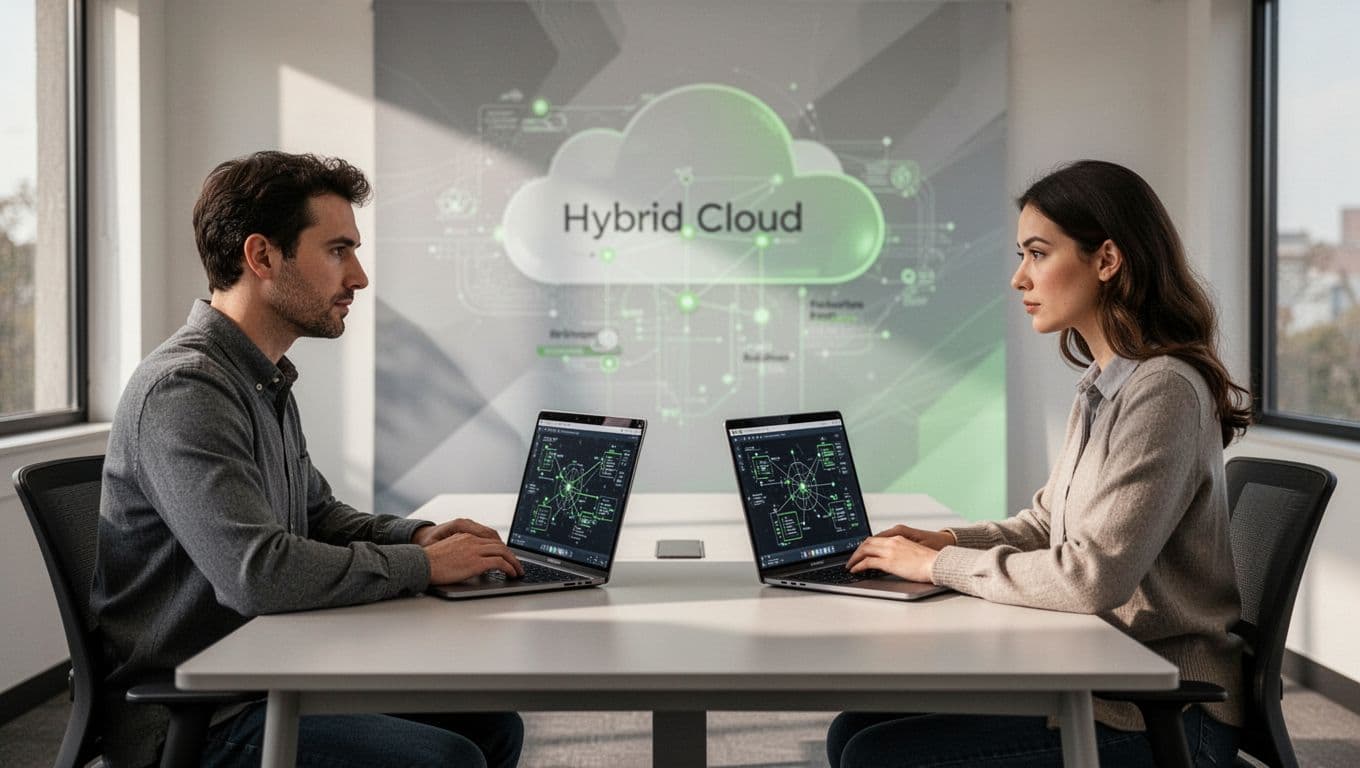 Side view of interviewer and candidate at table with laptops showing network diagrams and hybrid cloud icons in background.