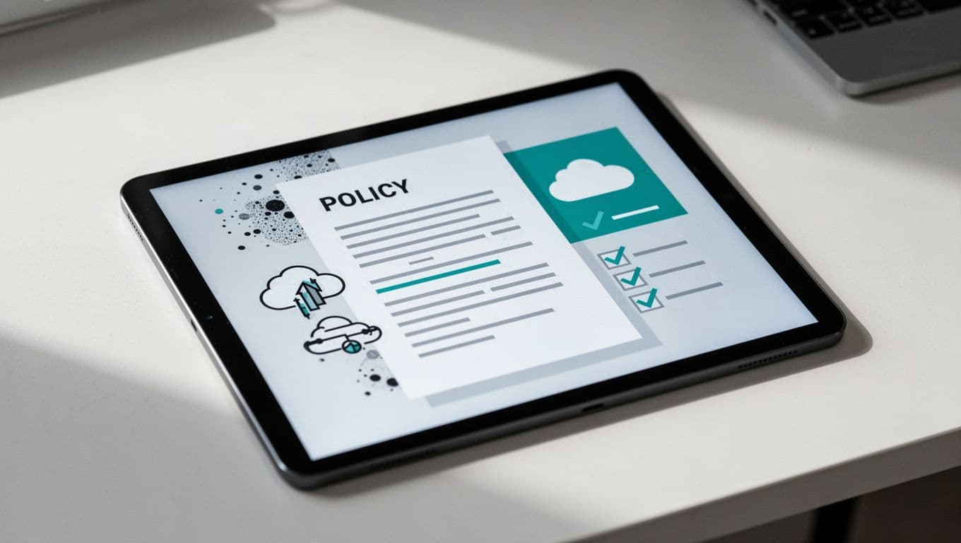 Modern illustration of a cloud security policy document on a tablet next to AWS icons and checklist in a workspace desk close-up.