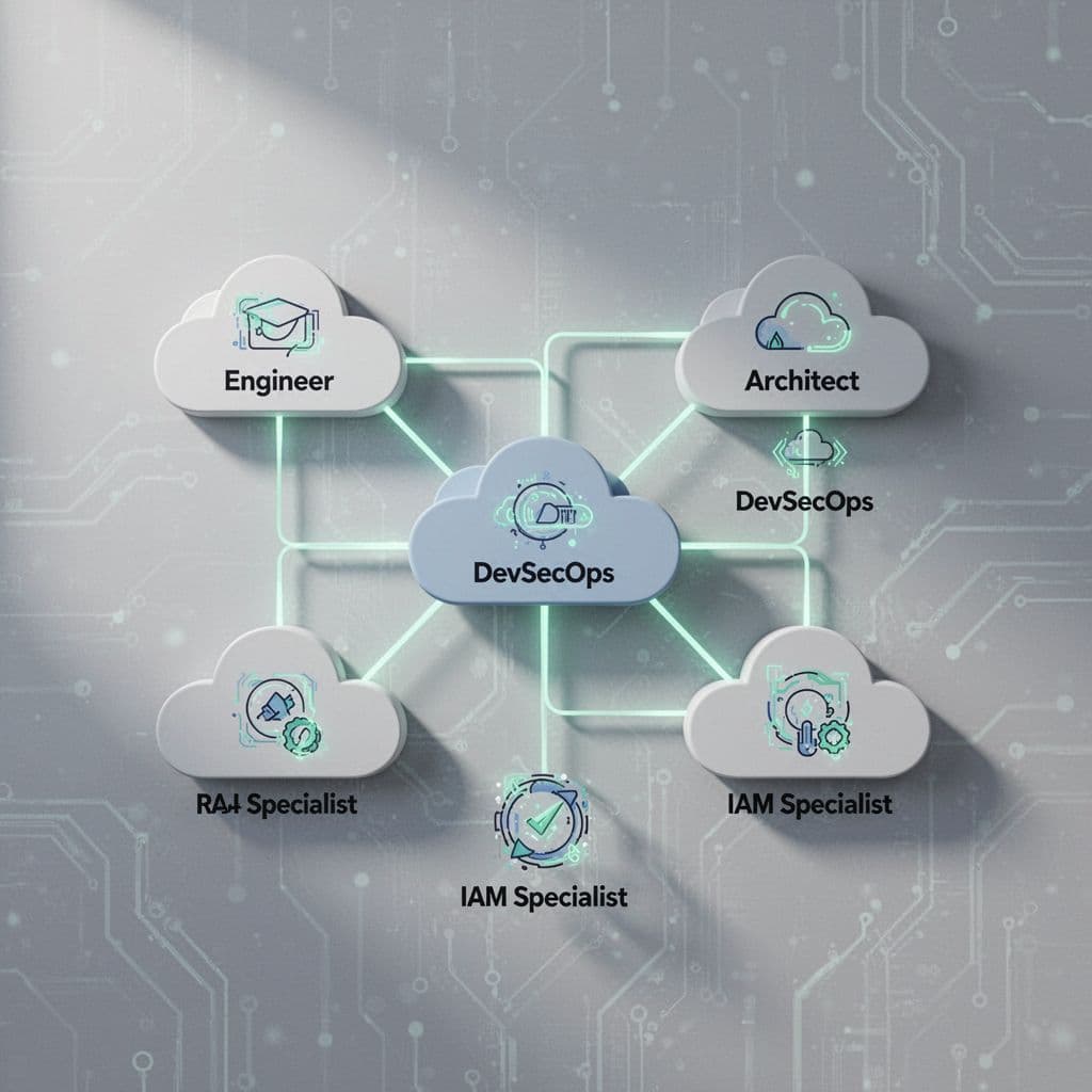 Modern illustration depicting icons of cloud security roles such as engineer, architect, DevSecOps, and IAM specialist, arranged in a connected network with green highlights on a subtle tech background.