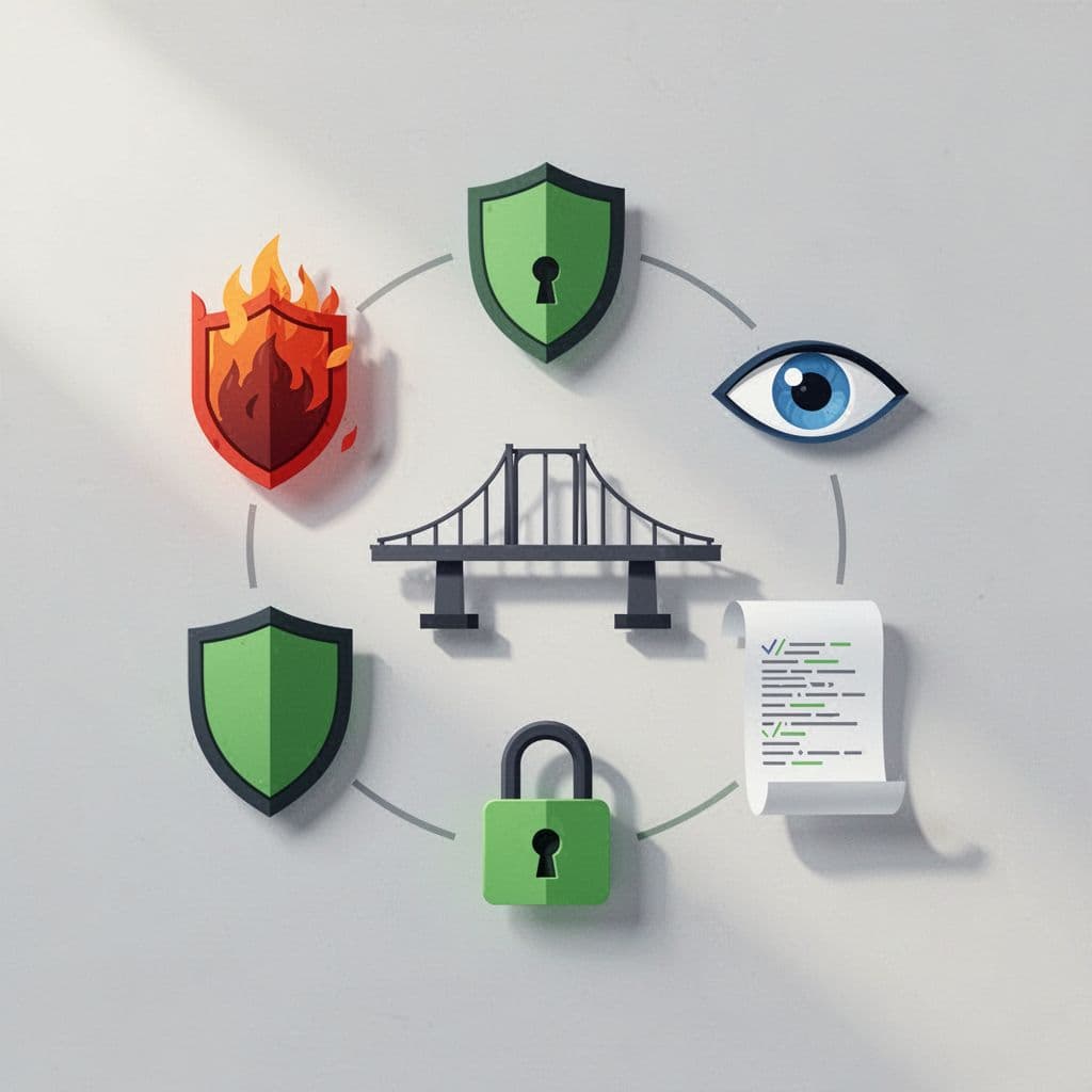 Circular icons connect around central hybrid bridge: firewall shield, IAM lock, monitoring eye, IaC scroll, zero trust barrier.